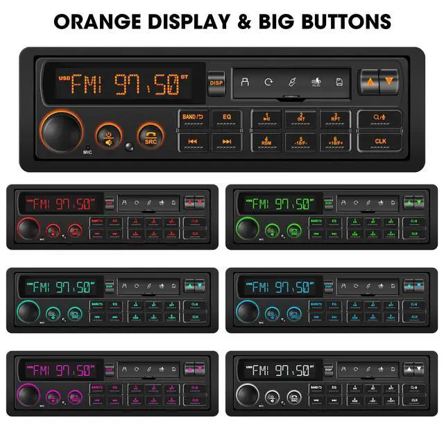 Alt view image 4 of 6 - Retro Single Din Car Stereo: European Vintage Radio for Classic Vehicles | Orange Display Bluetooth 4-CHN 2 Subwoofer Outputs AM FM USB SD AUX Type-C Charge