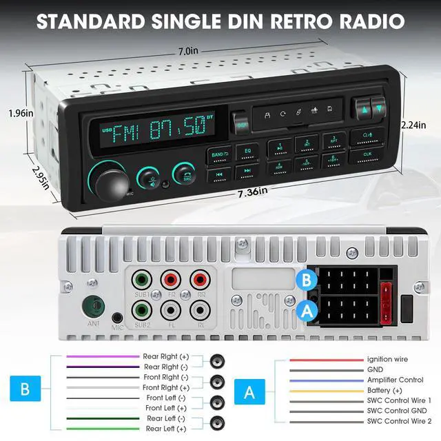 Alt view image 6 of 6 - Retro Single Din Car Stereo: European Vintage Radio for Classic Vehicles | Orange Display Bluetooth 4-CHN 2 Subwoofer Outputs AM FM USB SD AUX Type-C Charge