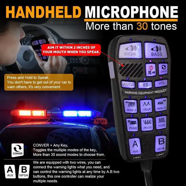 Alt view image 3 of 7 - Upgrade 250W Emergency Police Siren Speaker Multi-Tones Slim PA System Sirens with Handheld Controller & Mic Microphone Warning Electronic Alarm Sounds Horn Kit for Tow Truck Vehicles Car Pickup
