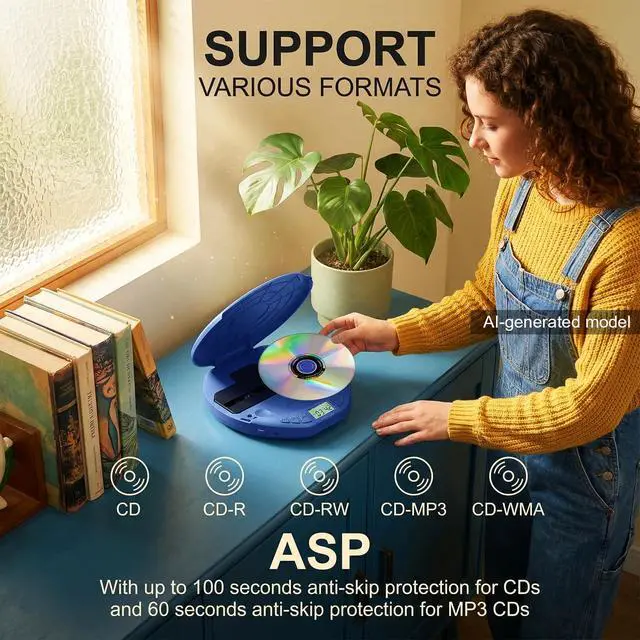 Alt view image 4 of 7 - Portable CD Player with Earphones,Personal CD Discman Player | for Home Car with Anti-Skip Shockproof Protection, Small CD Player with LCD Display for Music Lovers