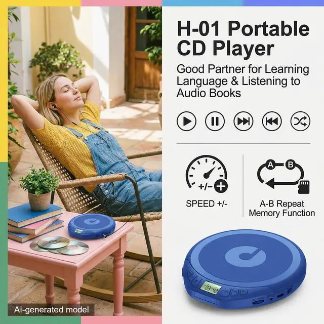 Alt view image 2 of 7 - Portable CD Player with Earphones,Personal CD Discman Player | for Home Car with Anti-Skip Shockproof Protection, Small CD Player with LCD Display for Music Lovers