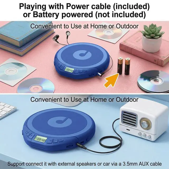 Alt view image 3 of 7 - Portable CD Player with Earphones,Personal CD Discman Player | for Home Car with Anti-Skip Shockproof Protection, Small CD Player with LCD Display for Music Lovers