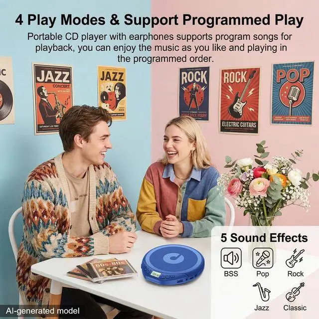 Alt view image 5 of 7 - Portable CD Player with Earphones,Personal CD Discman Player | for Home Car with Anti-Skip Shockproof Protection, Small CD Player with LCD Display for Music Lovers