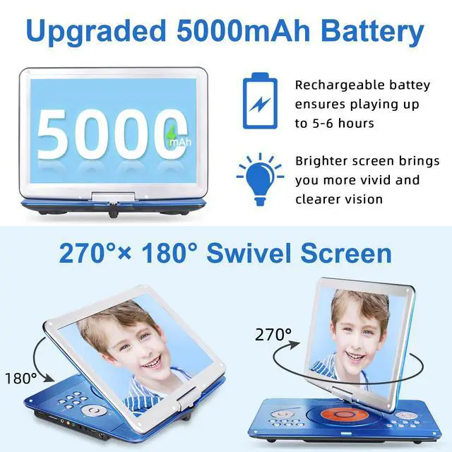 Alt view image 2 of 7 - Portable DVD Player for Kids Road Trip, 14.1" Swivel Screen, 5000mAh | 6-Hour Playtime, Car Charger, Support USB/SD/TV Sync, Dual Speakers, Multi-Format, Blue