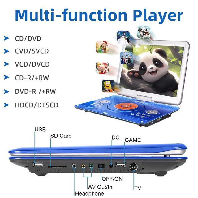Alt view image 4 of 7 - Portable DVD Player for Kids Road Trip, 14.1" Swivel Screen, 5000mAh | 6-Hour Playtime, Car Charger, Support USB/SD/TV Sync, Dual Speakers, Multi-Format, Blue