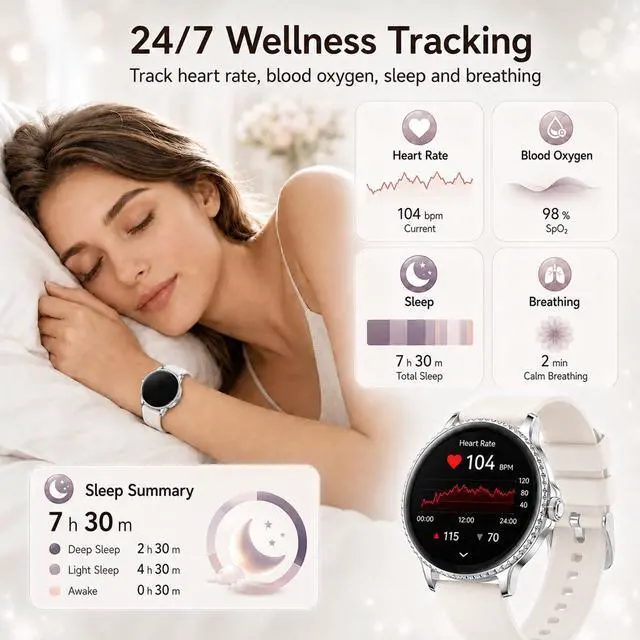Alt view image 4 of 7 - Smart Watches for Women Answer/Make Call,1.27'' Smartwatch Fitness Tracker for Heart Rate/Sleep Monitor/Calories/Blood Oxygen,100+ Sports Modes Android iPhone,IP68 Waterproof,2 Bands,Silver