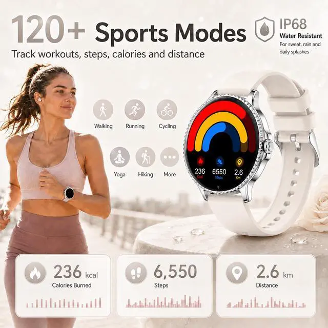 Alt view image 6 of 7 - Smart Watches for Women Answer/Make Call,1.27'' Smartwatch Fitness Tracker for Heart Rate/Sleep Monitor/Calories/Blood Oxygen,100+ Sports Modes Android iPhone,IP68 Waterproof,2 Bands,Silver