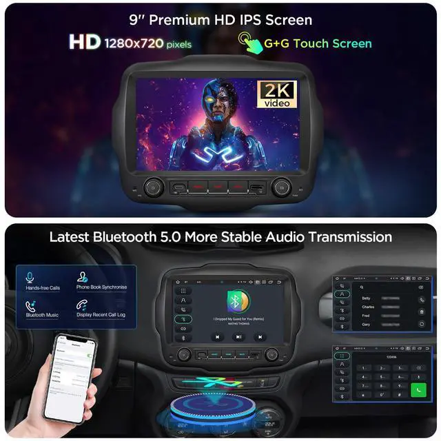 Alt view image 3 of 7 - 9 Android Car Stereo for Jeep Renegade 2015-2020, Octa Core, 6+128G | QLED Touch Screen Android 14 Head Unit, Wireless CarPlay/Android Auto, GPS Navigation, Bluetooth, DSP, 4G, Gyro Sensor