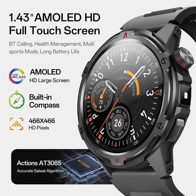 Alt view image 2 of 7 - 1.43 AMOLED Smart Watch, 1ATM Waterproof Military Fitness Tracker | AOD Display Bluetooth Call Compass AGPS, Heart Rate SPO2 Sleep Monitor for Men