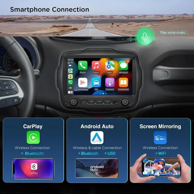 Alt view image 4 of 7 - 9 Android Car Stereo for Jeep Renegade 2015-2020, Octa Core, 6+128G | QLED Touch Screen Android 14 Head Unit, Wireless CarPlay/Android Auto, GPS Navigation, Bluetooth, DSP, 4G, Gyro Sensor