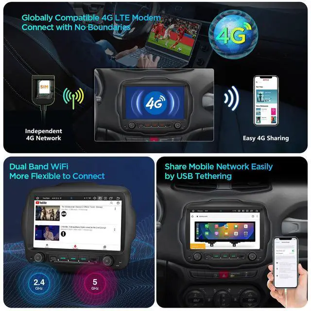Alt view image 5 of 7 - 9 Android Car Stereo for Jeep Renegade 2015-2020, Octa Core, 6+128G | QLED Touch Screen Android 14 Head Unit, Wireless CarPlay/Android Auto, GPS Navigation, Bluetooth, DSP, 4G, Gyro Sensor