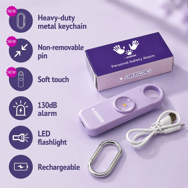 Alt view image 2 of 7 - Rechargeable Personal Safety Alarm for Women 130dB Loud Siren & Strobe Light & Low Battery Notice, Emergency Keychain Alarm for Self Defense (Lavender Purple)
