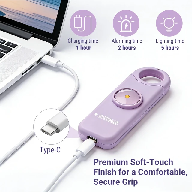 Alt view image 6 of 7 - Rechargeable Personal Safety Alarm for Women 130dB Loud Siren & Strobe Light & Low Battery Notice, Emergency Keychain Alarm for Self Defense (Lavender Purple)