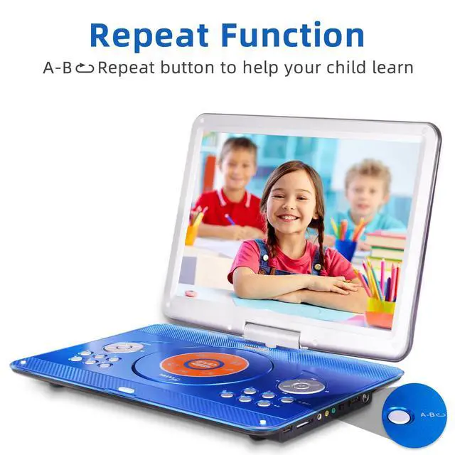 Alt view image 6 of 7 - Portable DVD Player for Kids Road Trip, 14.1" Swivel Screen, 5000mAh | 6-Hour Playtime, Car Charger, Support USB/SD/TV Sync, Dual Speakers, Multi-Format, Blue