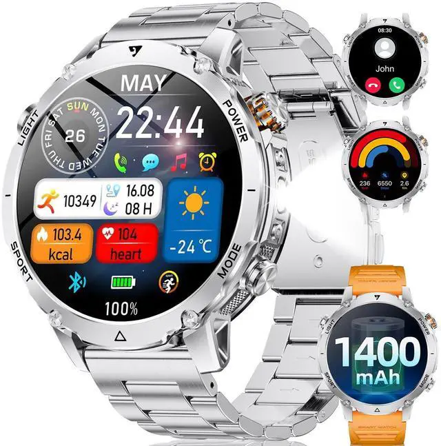 Main image of Military Smart Watches for Men,1400mAh Battery Smart Watch with Flashlight,1.7" HD Screen 5ATM Waterproof Fitness Tracker Smartwatch with 110+ Sport Modes,for iOS Android(2 Bands/Silver)