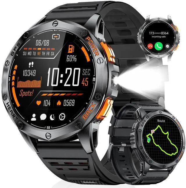 Main image of GPS Smart Watch for Men, 1.43'' AMOLED Always on Display, LED Flashlight/Compass/45 Days Battery/IP68 Waterproof Smartwatch, 100+ Sport Mode, Rugged Smart Watches for Android iOS, Black Orange