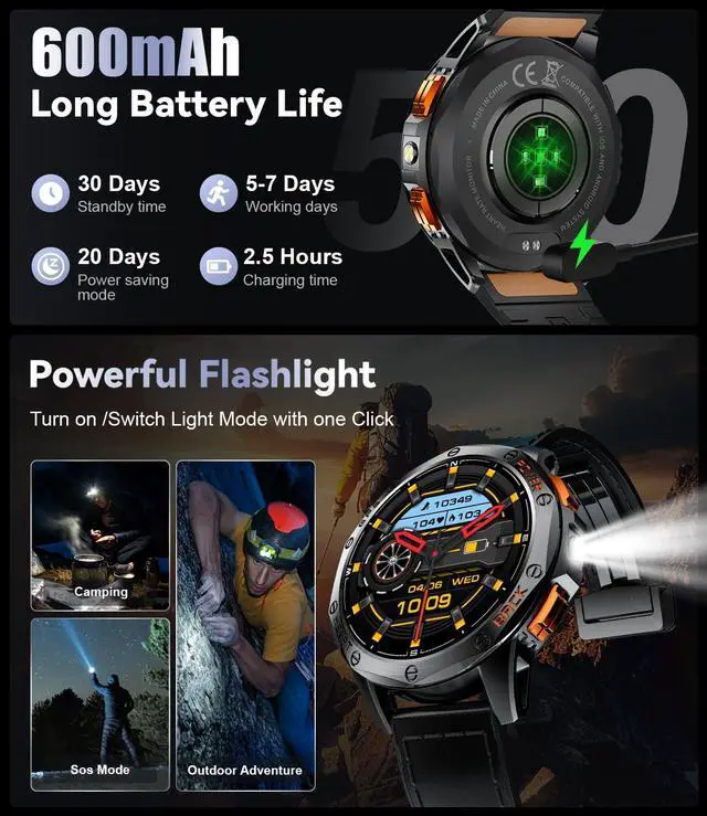 Alt view image 4 of 7 - GPS Smart Watch for Men, 1.43'' AMOLED Always on Display, LED Flashlight/Compass/45 Days Battery/IP68 Waterproof Smartwatch, 100+ Sport Mode, Rugged Smart Watches for Android iOS, Black Orange