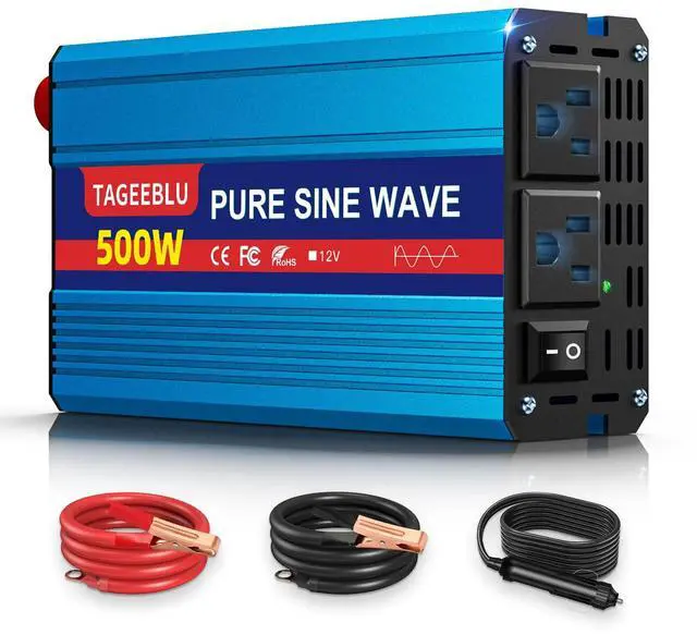Main image of 500W Pure Sine Wave Power Inverter 12V DC to 110V 120V AC for Vehicles | Car Cigarette Lighter Adapter inverter with 2 AC Outlets, Converter for Car with LCD Display for Solar RV Truck Home Camping