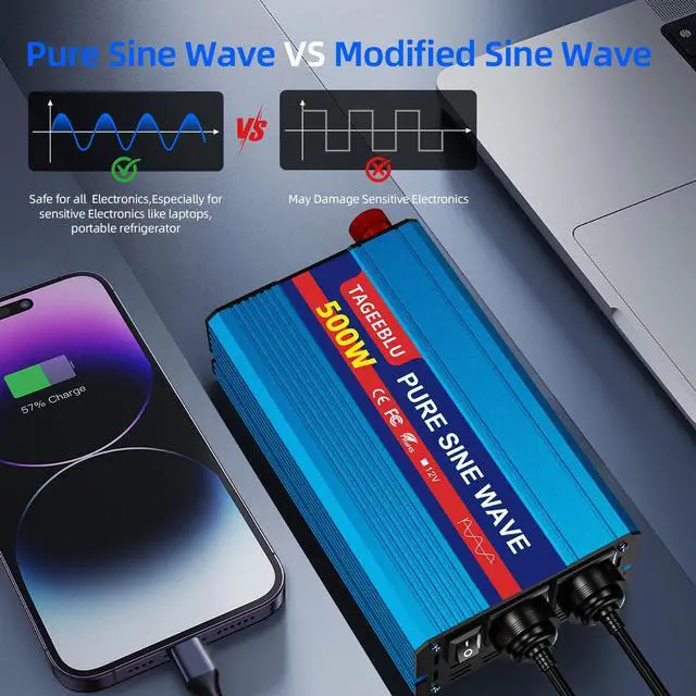 Alt view image 2 of 7 - 500W Pure Sine Wave Power Inverter 12V DC to 110V 120V AC for Vehicles | Car Cigarette Lighter Adapter inverter with 2 AC Outlets, Converter for Car with LCD Display for Solar RV Truck Home Camping
