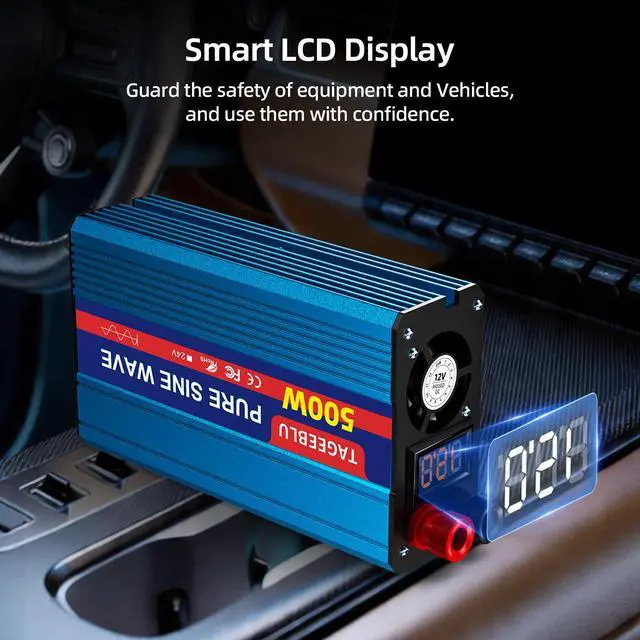 Alt view image 3 of 7 - 500W Pure Sine Wave Power Inverter 12V DC to 110V 120V AC for Vehicles | Car Cigarette Lighter Adapter inverter with 2 AC Outlets, Converter for Car with LCD Display for Solar RV Truck Home Camping