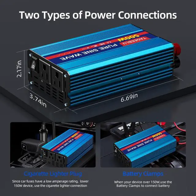 Alt view image 5 of 7 - 500W Pure Sine Wave Power Inverter 12V DC to 110V 120V AC for Vehicles | Car Cigarette Lighter Adapter inverter with 2 AC Outlets, Converter for Car with LCD Display for Solar RV Truck Home Camping