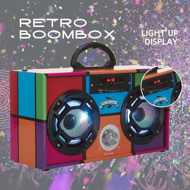 Alt view image 3 of 7 - Retro Boombox Bluetooth Speaker, Music Player w/FM Radio & LED Lights | Retro Speaker with LED Lights, Rechargeable Portable Bluetooth Speaker with USB & SD, AUX & Remote Control