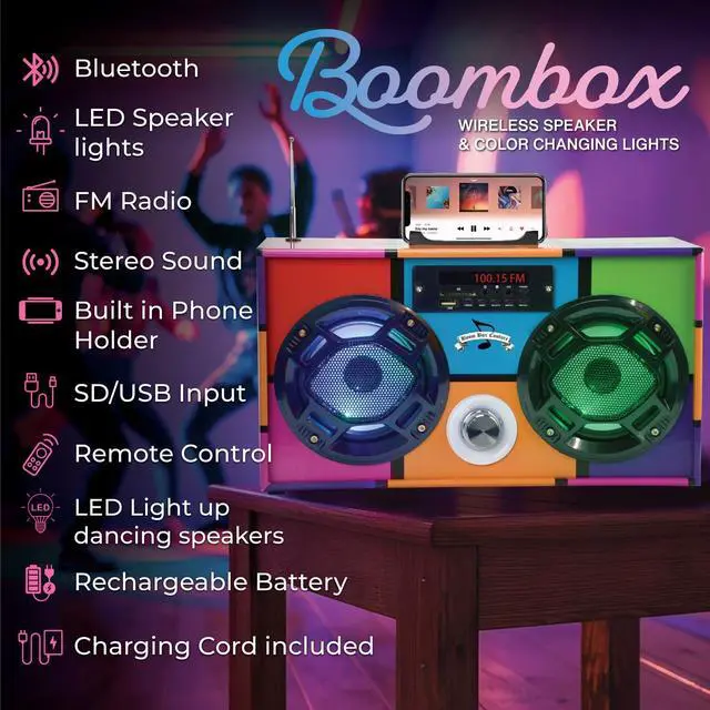 Alt view image 2 of 7 - Retro Boombox Bluetooth Speaker, Music Player w/FM Radio & LED Lights | Retro Speaker with LED Lights, Rechargeable Portable Bluetooth Speaker with USB & SD, AUX & Remote Control