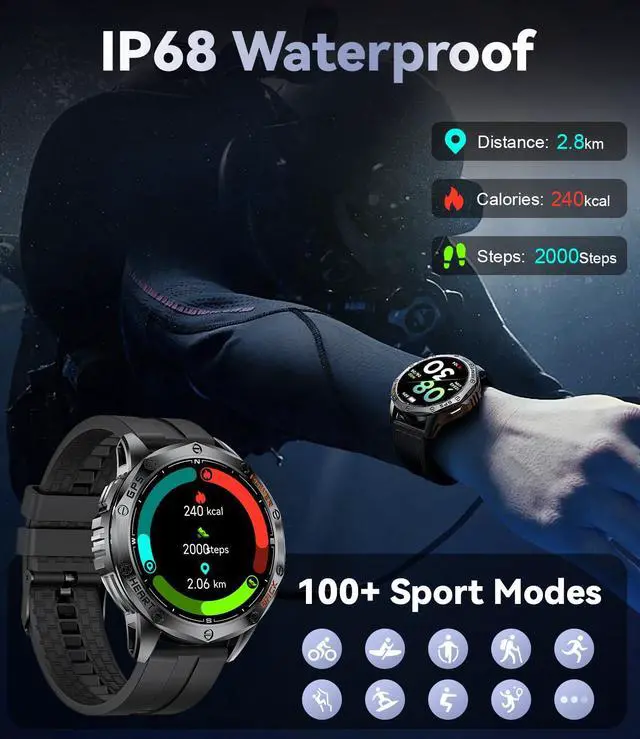 Alt view image 7 of 7 - GPS Smart Watch for Men, 1.43'' AMOLED Always on Display, LED Flashlight/Compass/45 Days Battery/IP68 Waterproof Smartwatch, 100+ Sport Mode, Rugged Smart Watches for Android iOS, Black Orange