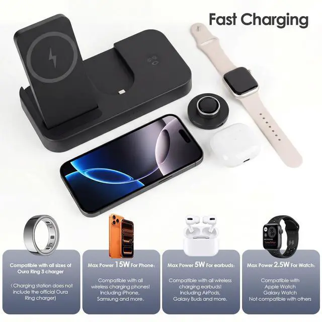 Alt view image 2 of 7 - 4 in 1 Charging Station for Oura Ring Gen 3 Charger (Oura Ring Charger NOT Included), 15W Fast Magnetic Charger for iPhone, Apple Watch, AirPods, Wireless Charger for Samsung Galaxy