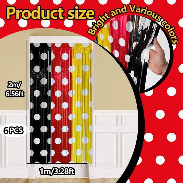 Alt view image 3 of 5 - Cartoon Mouse Foil Fringe Curtains 2 Pack 3.2x6.6ft Party Backdrop | Red Black and Yellow Tinsel Streamers Backdrop Baby Shower Cartoon Mouse Color Birthday Party Decorations Favor Supplies