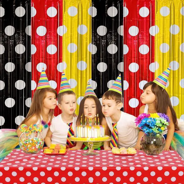 Alt view image 2 of 5 - Cartoon Mouse Foil Fringe Curtains 2 Pack 3.2x6.6ft Party Backdrop | Red Black and Yellow Tinsel Streamers Backdrop Baby Shower Cartoon Mouse Color Birthday Party Decorations Favor Supplies