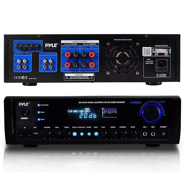 Alt view image 2 of 7 - Wireless Home Entertainment Amplifier - 300W 4 Channel Stereo Sound Receiver - Easy Karaoke w/ Dual Mic, USB-A In, RCA In, Aux In, RCA Out, Public Address, Commercial, Studio - PT390BTU