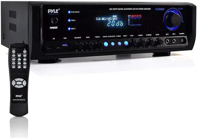 Main image of Wireless Home Entertainment Amplifier - 300W 4 Channel Stereo Sound Receiver - Easy Karaoke w/ Dual Mic, USB-A In, RCA In, Aux In, RCA Out, Public Address, Commercial, Studio - PT390BTU