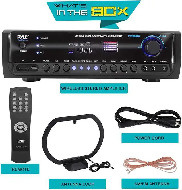 Alt view image 3 of 7 - Wireless Home Entertainment Amplifier - 300W 4 Channel Stereo Sound Receiver - Easy Karaoke w/ Dual Mic, USB-A In, RCA In, Aux In, RCA Out, Public Address, Commercial, Studio - PT390BTU