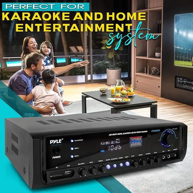 Alt view image 5 of 7 - Wireless Home Entertainment Amplifier - 300W 4 Channel Stereo Sound Receiver - Easy Karaoke w/ Dual Mic, USB-A In, RCA In, Aux In, RCA Out, Public Address, Commercial, Studio - PT390BTU