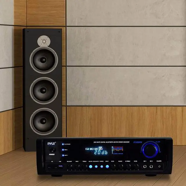 Alt view image 7 of 7 - Wireless Home Entertainment Amplifier - 300W 4 Channel Stereo Sound Receiver - Easy Karaoke w/ Dual Mic, USB-A In, RCA In, Aux In, RCA Out, Public Address, Commercial, Studio - PT390BTU