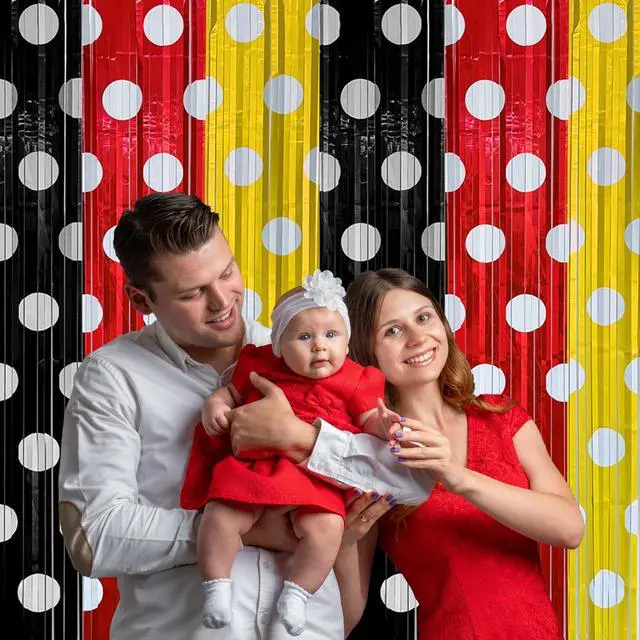 Alt view image 4 of 5 - Cartoon Mouse Foil Fringe Curtains 2 Pack 3.2x6.6ft Party Backdrop | Red Black and Yellow Tinsel Streamers Backdrop Baby Shower Cartoon Mouse Color Birthday Party Decorations Favor Supplies