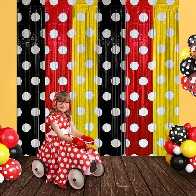 Alt view image 5 of 5 - Cartoon Mouse Foil Fringe Curtains 2 Pack 3.2x6.6ft Party Backdrop | Red Black and Yellow Tinsel Streamers Backdrop Baby Shower Cartoon Mouse Color Birthday Party Decorations Favor Supplies