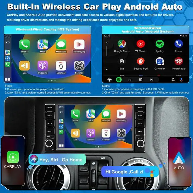 Alt view image 3 of 7 - Car Radio for Jeep Wrangler JK 2007-2017, Dodge Ram 1500/2500/3500 2009-2012, Dodge Avenger 2008-2014, Jeep Compass Patriot 2009-2016, Touch Screen Stereo, Wireless CarPlay Bluetooth WiFi GPS FM SWC