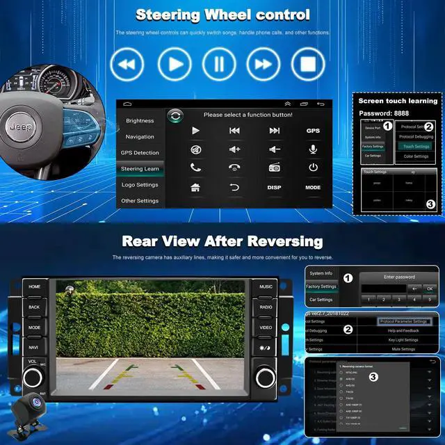 Alt view image 5 of 7 - Car Radio for Jeep Wrangler JK 2007-2017, Dodge Ram 1500/2500/3500 2009-2012, Dodge Avenger 2008-2014, Jeep Compass Patriot 2009-2016, Touch Screen Stereo, Wireless CarPlay Bluetooth WiFi GPS FM SWC