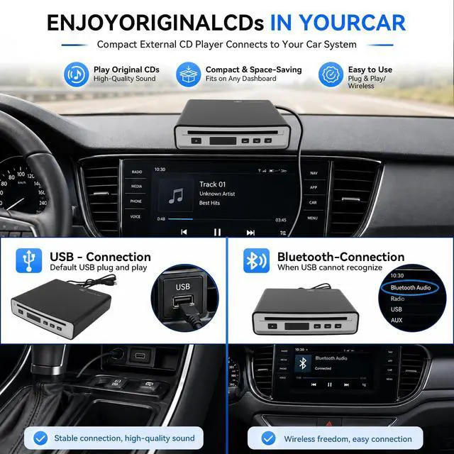 Alt view image 2 of 7 - Portable External Bluetooth CD Player for Car | Supports Type-C/USB Connections | Compatible Laptop, MacBook,TV, Bluetooth Speaker Android 4.4 and Above Navigation | High-Fidelity Sound Quality