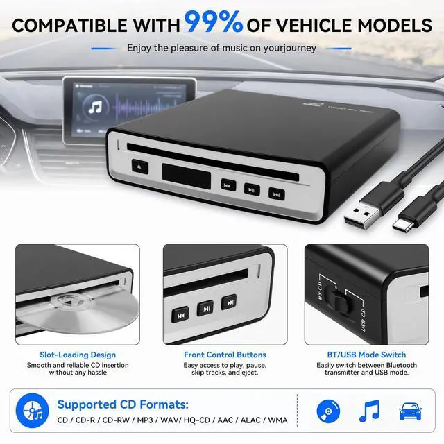 Alt view image 4 of 7 - Portable External Bluetooth CD Player for Car | Supports Type-C/USB Connections | Compatible Laptop, MacBook,TV, Bluetooth Speaker Android 4.4 and Above Navigation | High-Fidelity Sound Quality