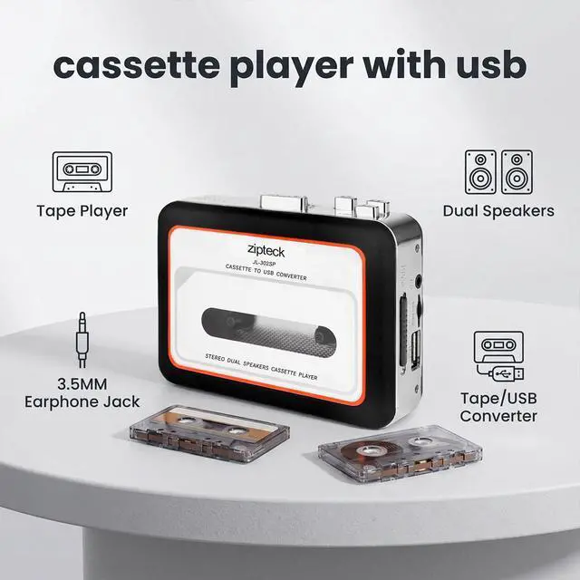 Alt view image 2 of 7 - Cassette to MP3 Converter USB, Tape Player with Recording, Black | Cassette to MP3 via USB recording; Built-in speaker & headphone jack; No PC needed; 4.5x1.5x3.5in; For home, car & office