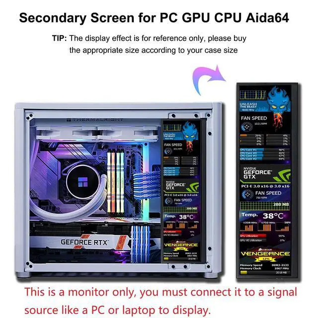 Alt view image 3 of 7 - 12.6 Inch Mini Touch Screen Monitor Secondary Screen FHD IPS Stretched Bar LCD Display 1920X515 HDMI for PC Laptop Computer Health Speed Windows Sub CPU GPU Temperature Display R126F01T-HB
