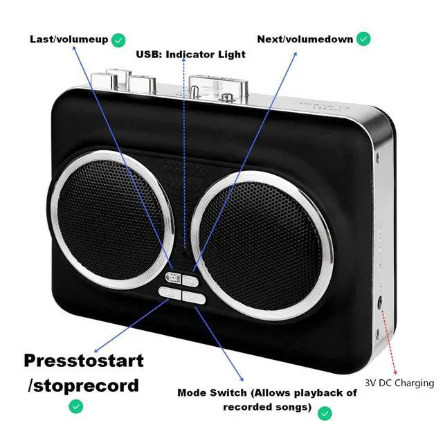 Alt view image 4 of 7 - Cassette to MP3 Converter USB, Tape Player with Recording, Black | Cassette to MP3 via USB recording; Built-in speaker & headphone jack; No PC needed; 4.5x1.5x3.5in; For home, car & office
