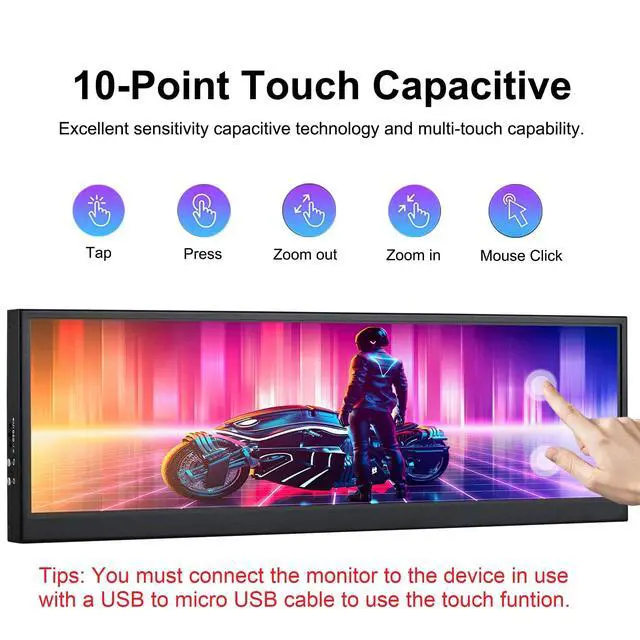 Alt view image 4 of 7 - 12.6 Inch Mini Touch Screen Monitor Secondary Screen FHD IPS Stretched Bar LCD Display 1920X515 HDMI for PC Laptop Computer Health Speed Windows Sub CPU GPU Temperature Display R126F01T-HB