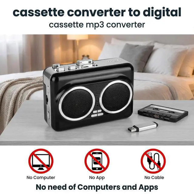 Alt view image 6 of 7 - Cassette to MP3 Converter USB, Tape Player with Recording, Black | Cassette to MP3 via USB recording; Built-in speaker & headphone jack; No PC needed; 4.5x1.5x3.5in; For home, car & office
