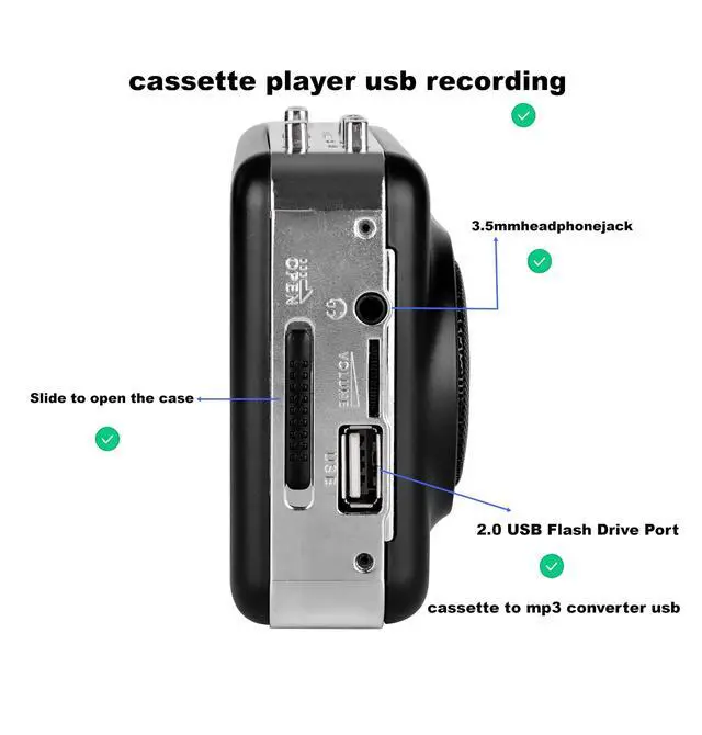 Alt view image 5 of 7 - Cassette to MP3 Converter USB, Tape Player with Recording, Black | Cassette to MP3 via USB recording; Built-in speaker & headphone jack; No PC needed; 4.5x1.5x3.5in; For home, car & office