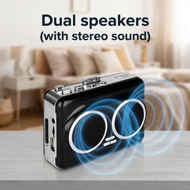 Alt view image 7 of 7 - Cassette to MP3 Converter USB, Tape Player with Recording, Black | Cassette to MP3 via USB recording; Built-in speaker & headphone jack; No PC needed; 4.5x1.5x3.5in; For home, car & office