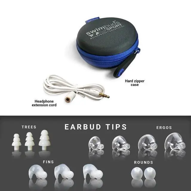 Alt view image 6 of 6 - Sport Waterproof Swimming Headphones, Short Cord, 11 Eartips | 100% waterproof, low-drag short cord, 11 pairs eartips in 4 styles, watertight fit, zip case